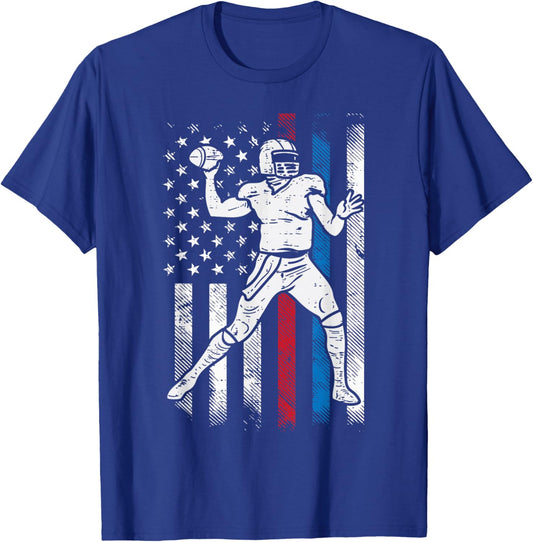 American Football Player US Flag Patriotic Men Women Kids T-Shirt - T-Shirt | Royal