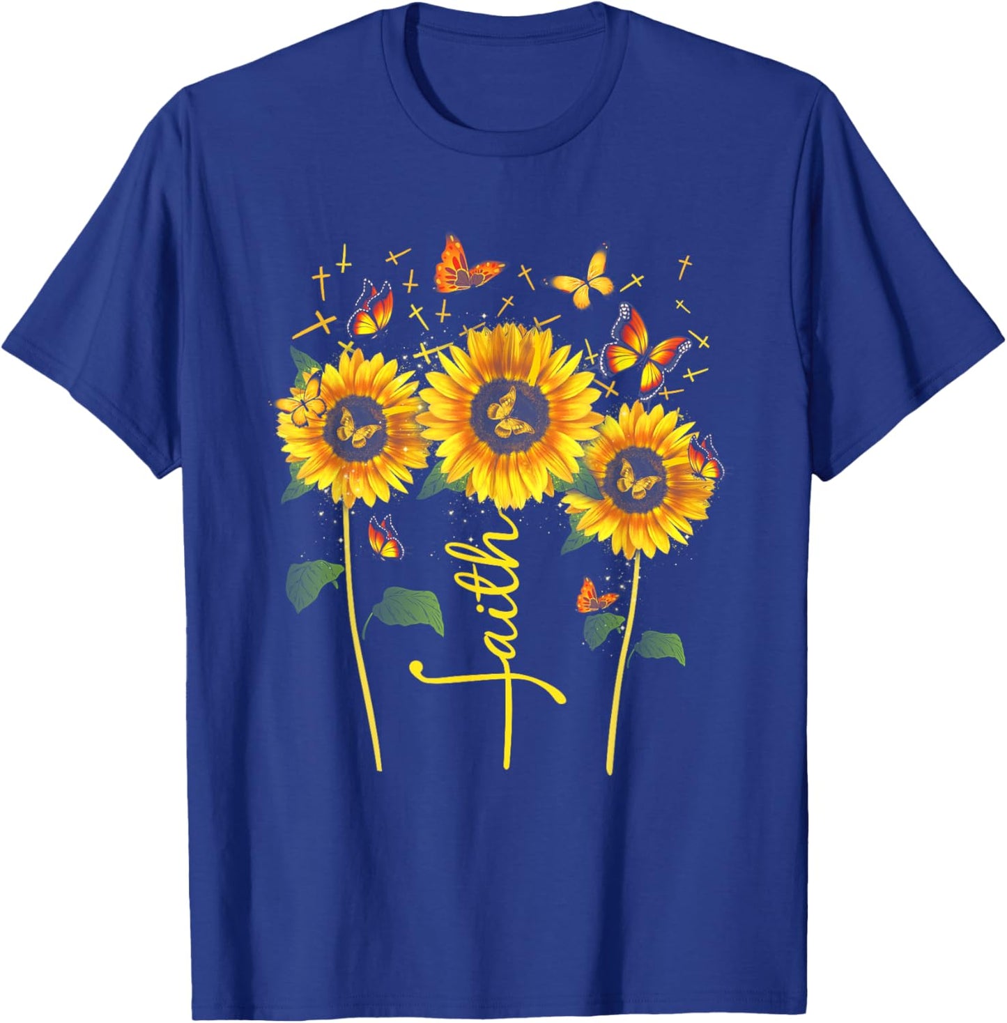 Vintage Faith Cross Sunflower Butterflies Flowers Christians T-Shirt - T-Shirt | Royal