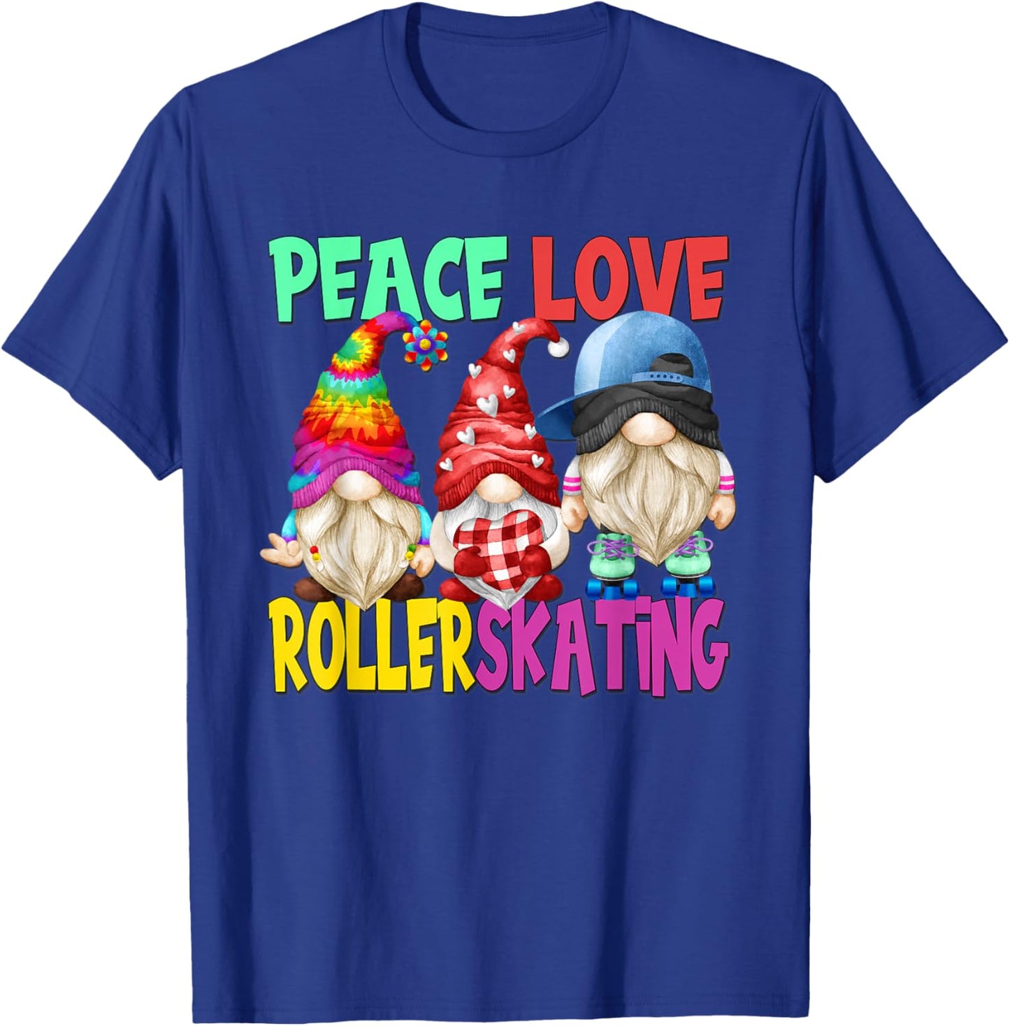 Peace Love Roller Skating Gnome For Rollerskating Party T-Shirt - T-Shirt | Royal
