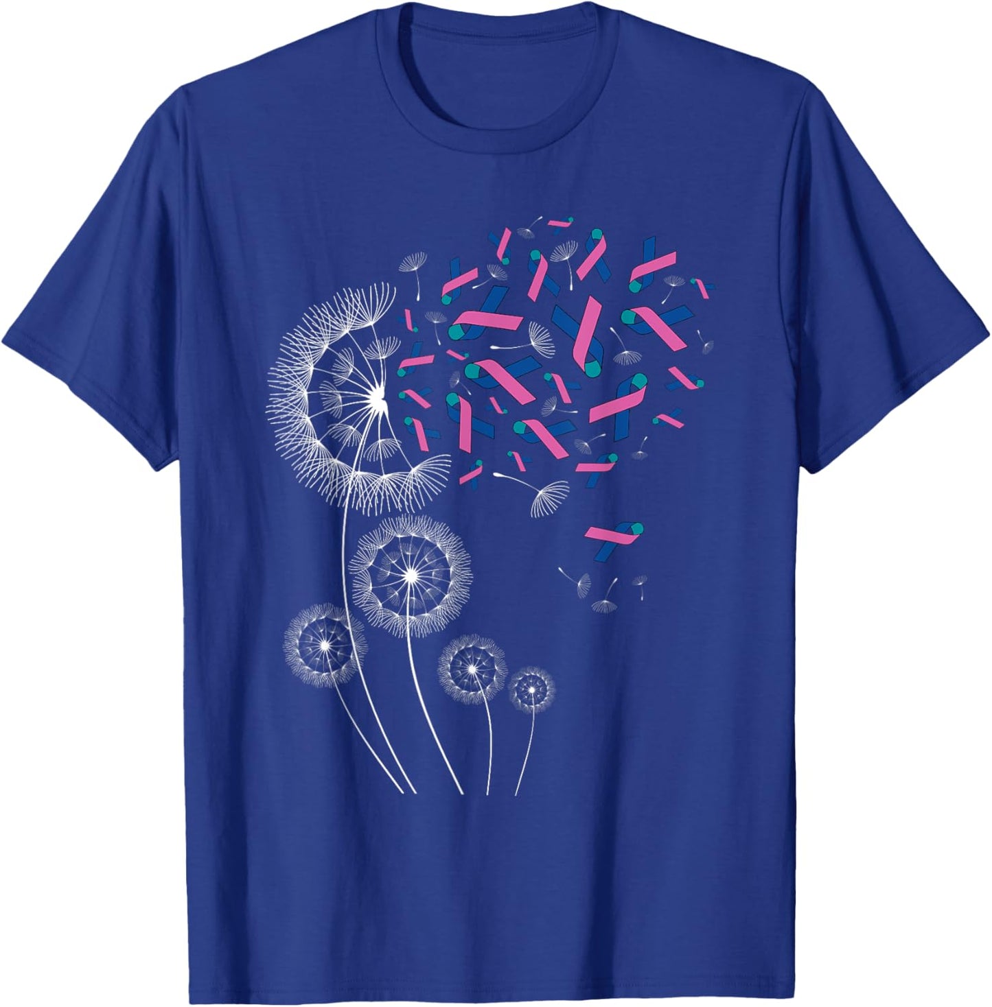 Teal Pink Blue Ribbon & Dandelion Thyroid Cancer Awareness T-Shirt - T-Shirt | Royal