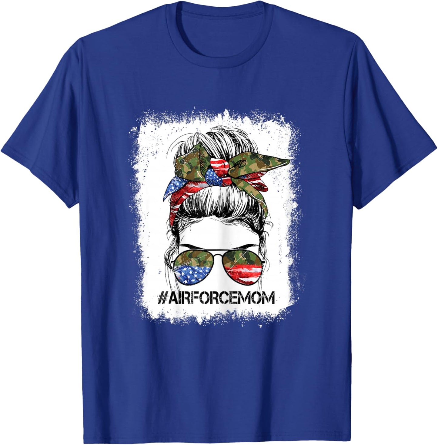 All American Airforce Mom Messy Bun US Flag 4th of July T-Shirt - T-Shirt | Royal