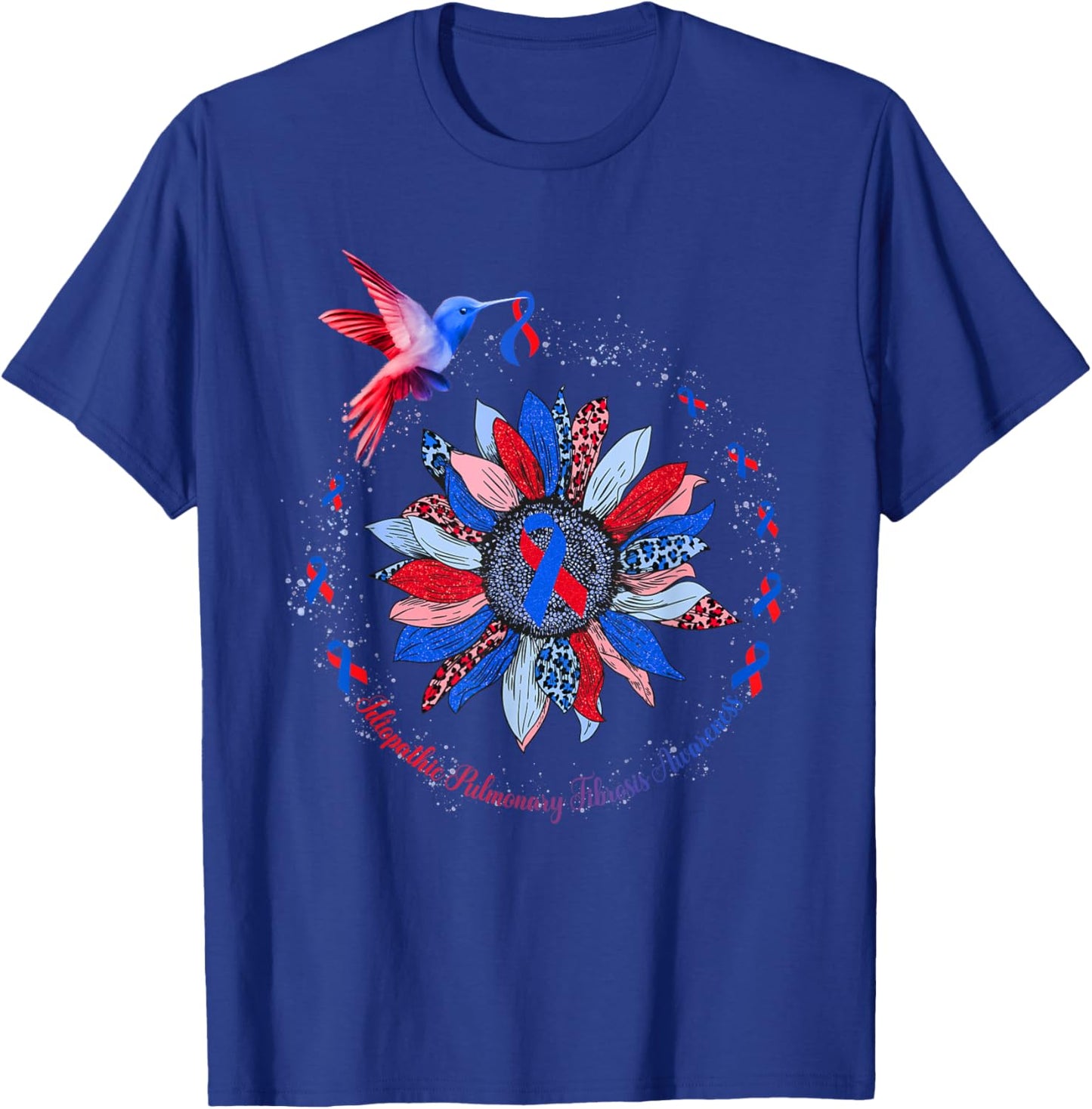 Sunflower Hummingbird Red Blue Ribbon Idiopathic Pulmonary T-Shirt - T-Shirt | Royal