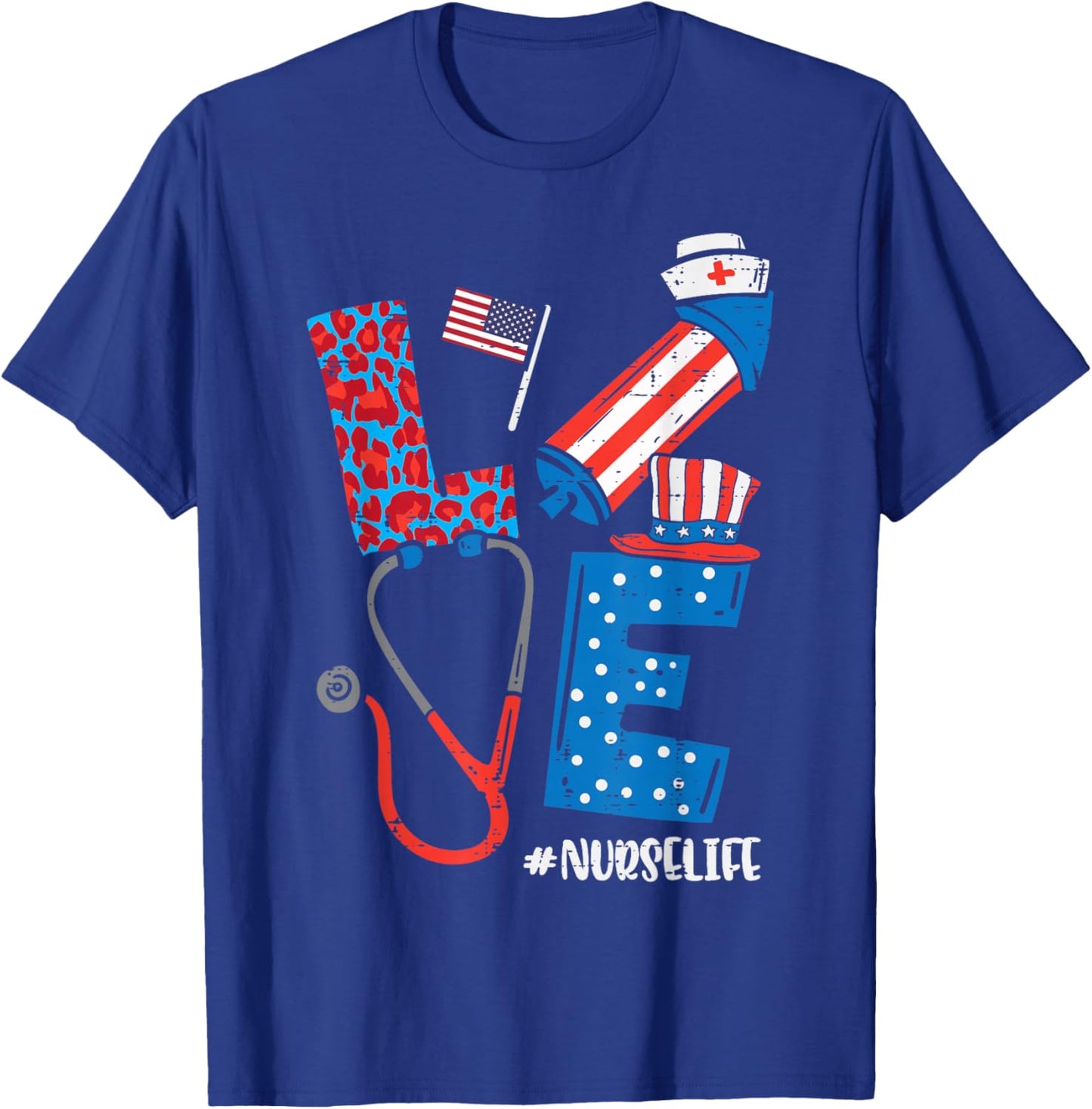 Love Leopard Nurse Life 4th Of July Scrub Top Patriot Women T-Shirt - T-Shirt | Royal