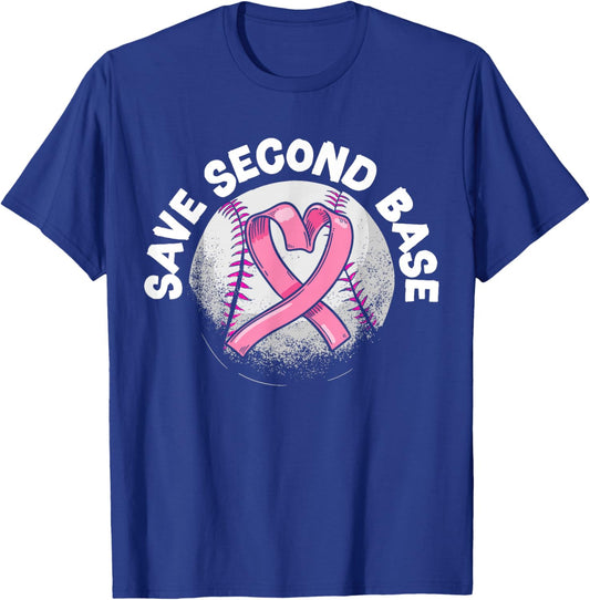 Save 2nd Base Baseball Player Breast Cancer Awareness T-Shirt - T-Shirt | Royal