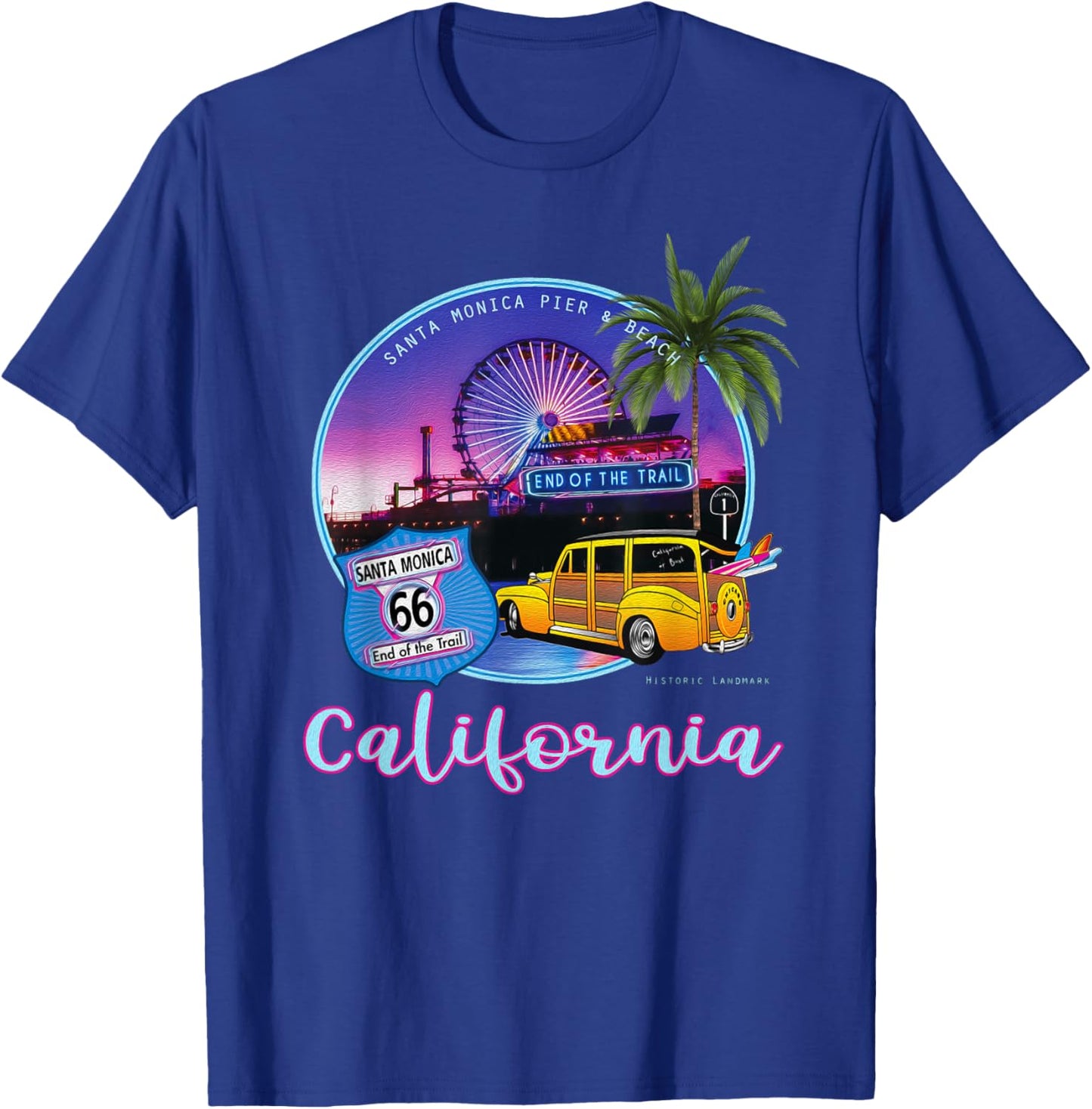 Santa Monica Pier California 66 End of The Trail Souvenir T-Shirt - T-Shirt | Royal