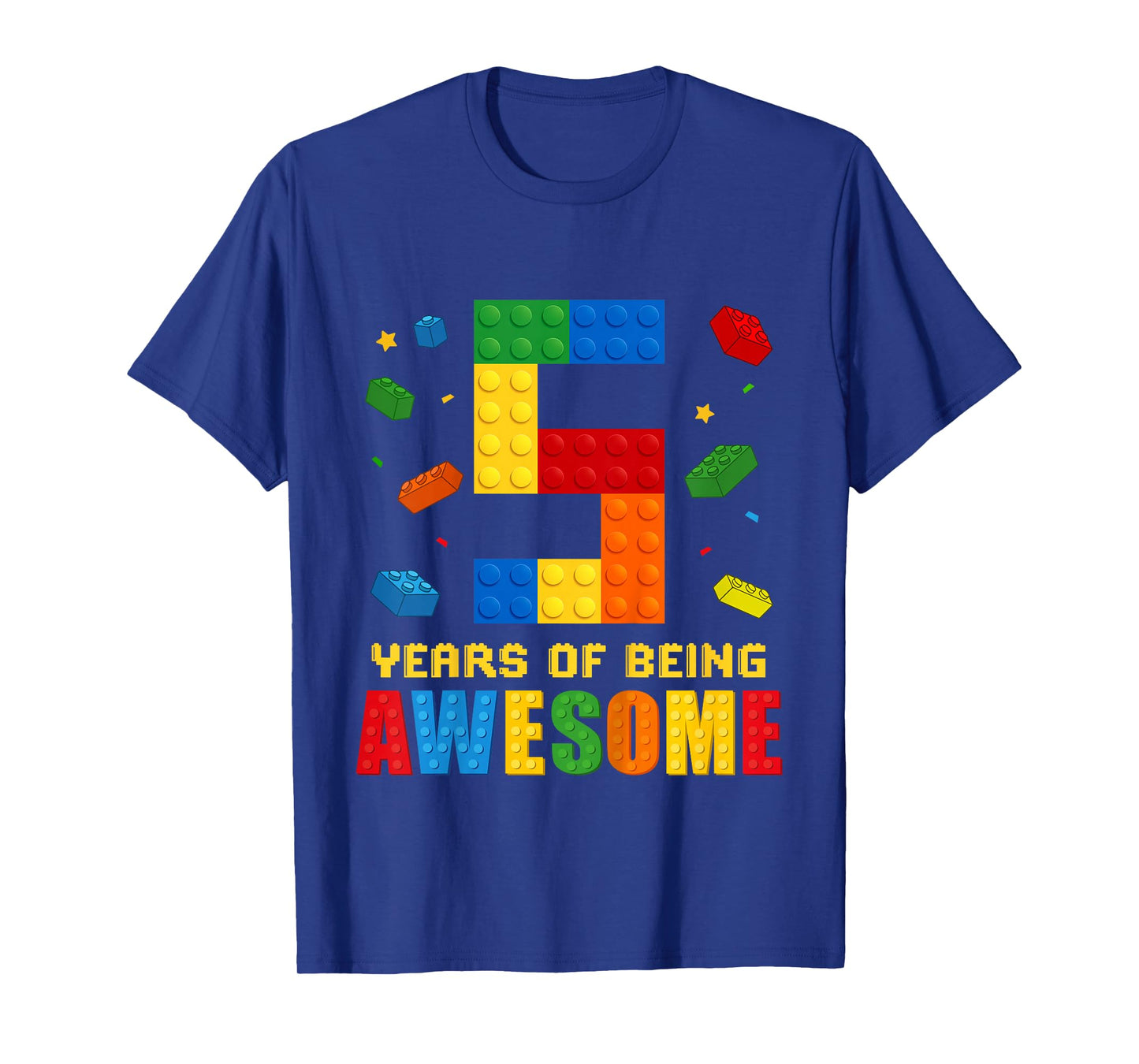 Kids 5 Year Old Birthday Boy Being Awesome Building Bricks 5th T-Shirt