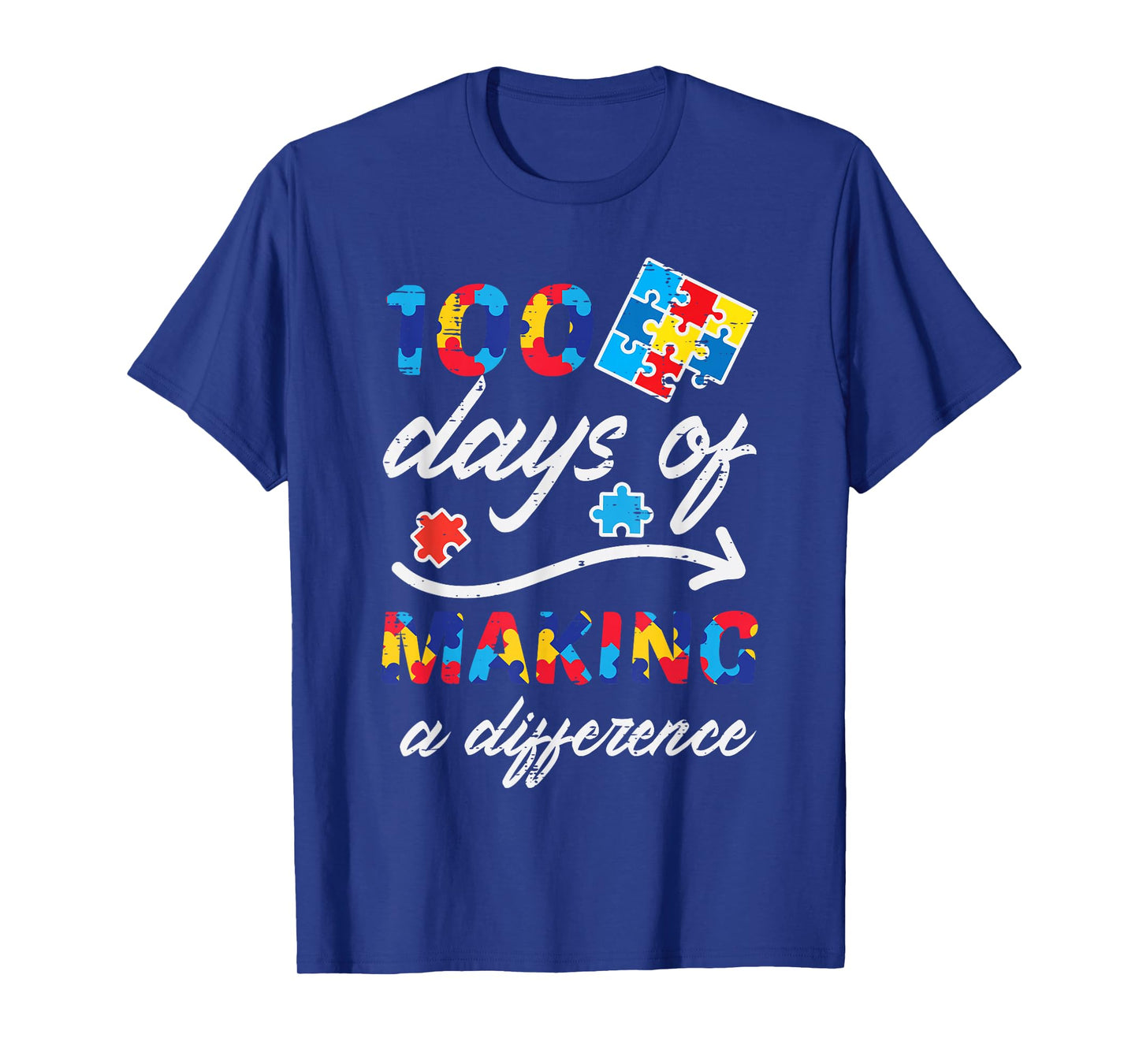 100 Days Making Difference Autism Puzzle 100th Day Teacher T-Shirt