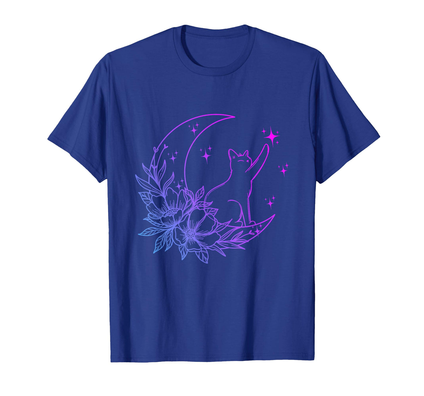 Cat Sitting On Crescent Moon Flowers Stars Women Girls Kids T-Shirt