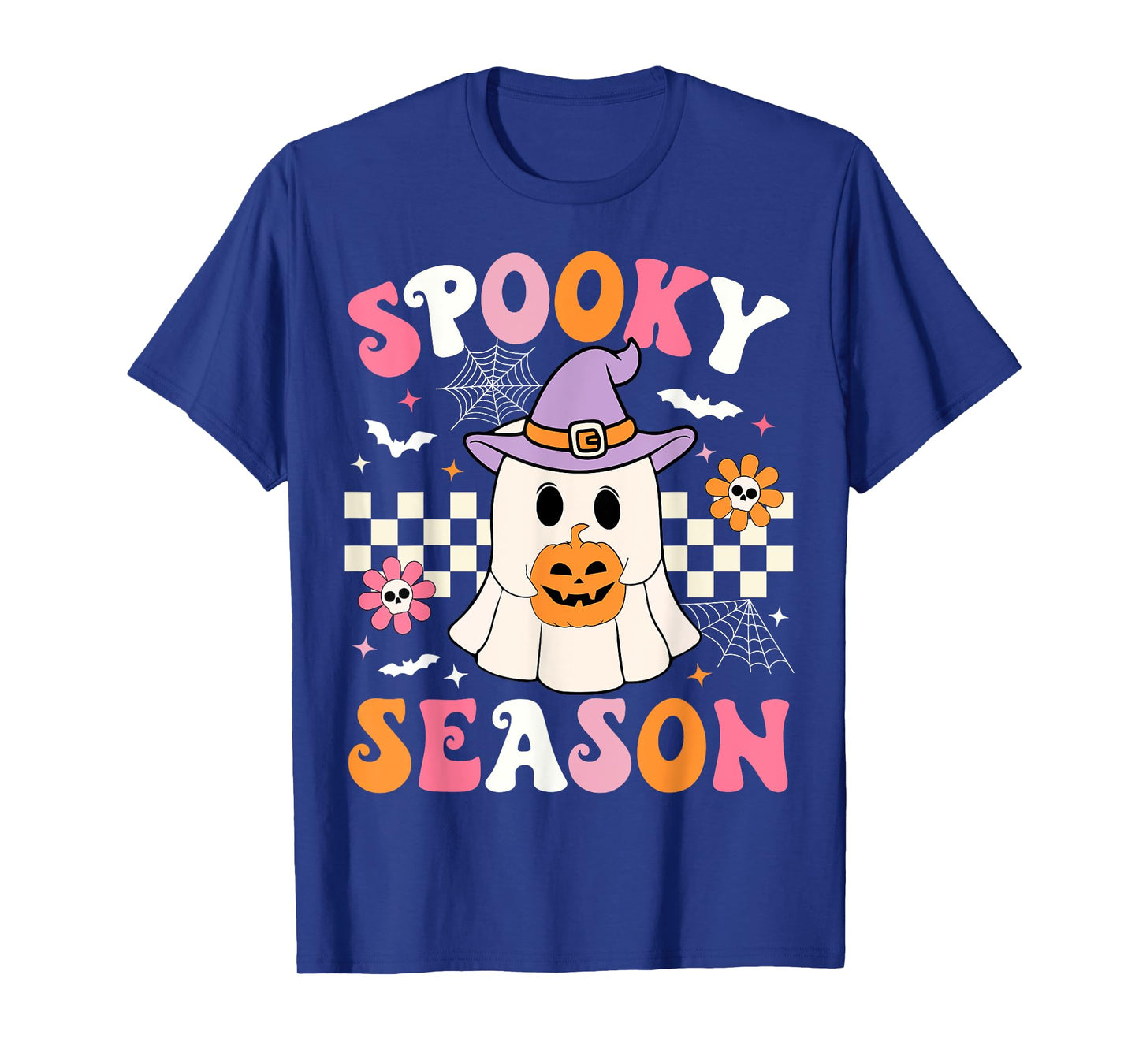Spooky Season Ghost Holding Pumpkin Groovy Halloween Ghost T-Shirt