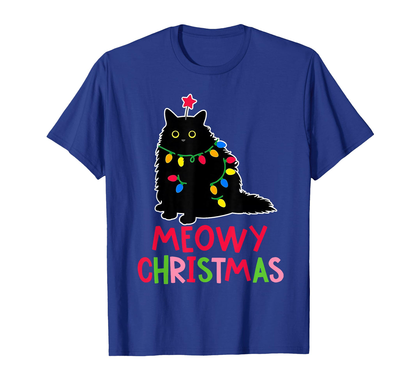 Meowy Christmas Xmas Lights Black Cat Pajamas Family Funny Men Women Kids T-Shirt