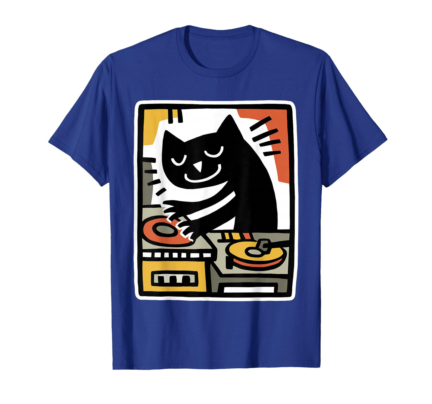 Cool Black Cat DJ Mixing Records Retro Folk Art Illustration T-Shirt