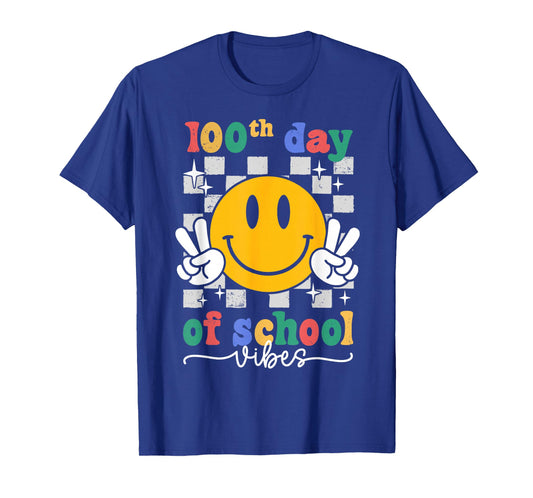 100th Day of School Vibes Checkered Smile Face 100 Days Kids T-Shirt