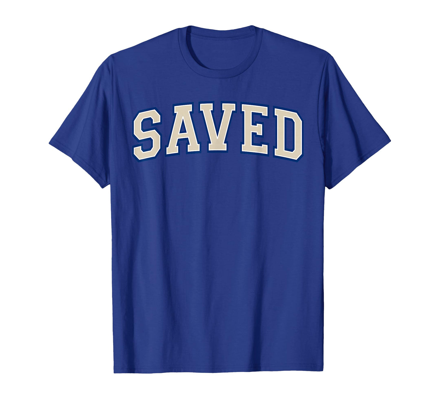 Saved Christian Faith Ivory and Blue Varisty Letters T-Shirt