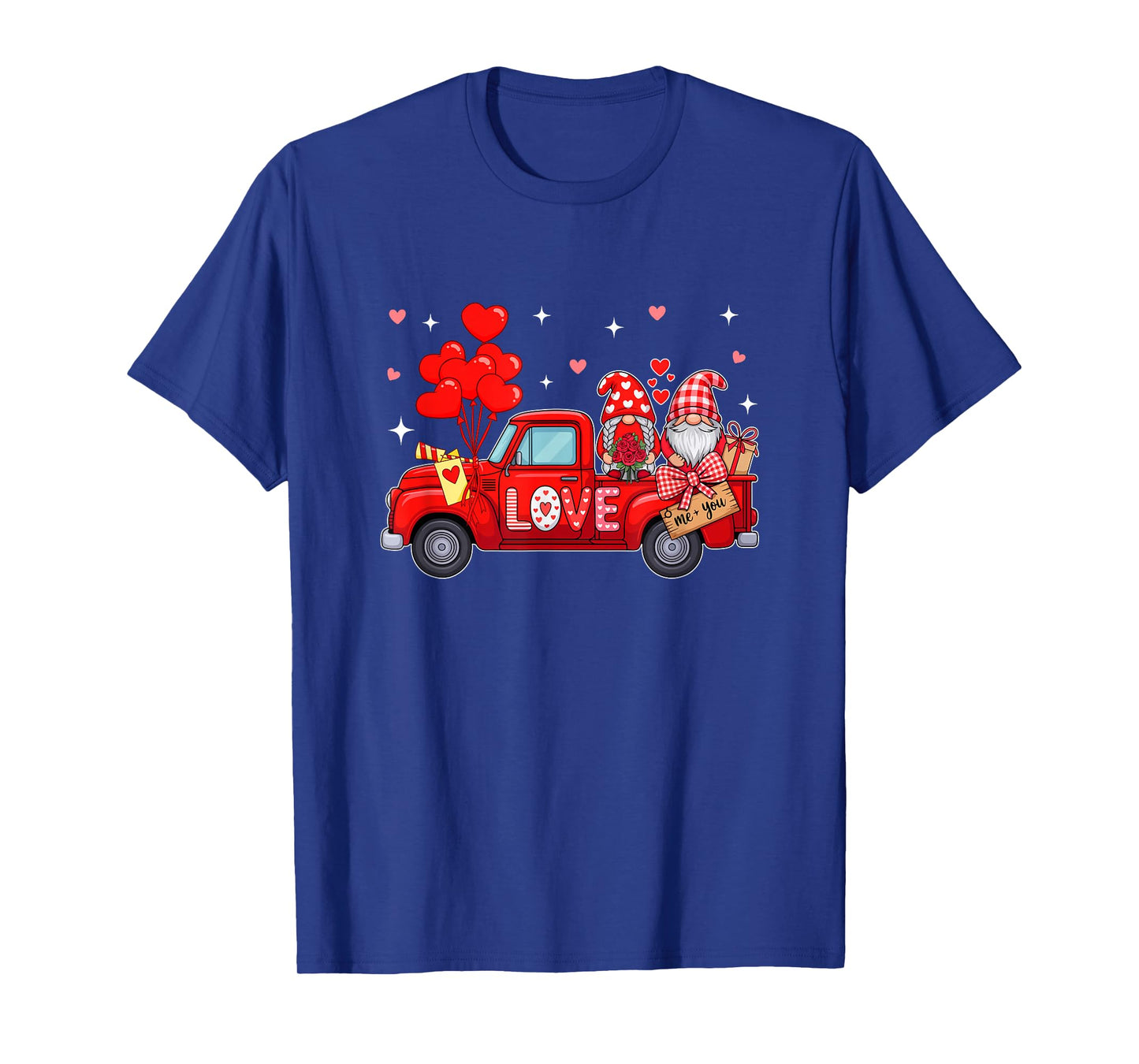 Couple Gnomes On Red Pickup Truck Valentine Floral Hearts T-Shirt