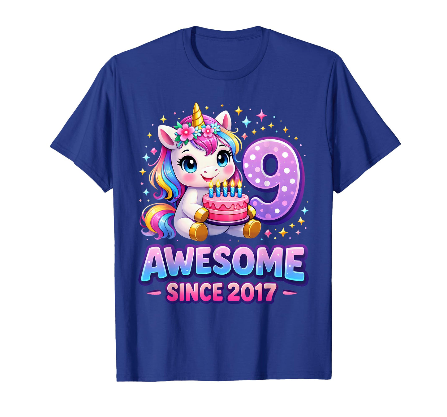 9 Year Old Girl Awesome Since 2017 Unicorn 9th Birthday Girl T-Shirt
