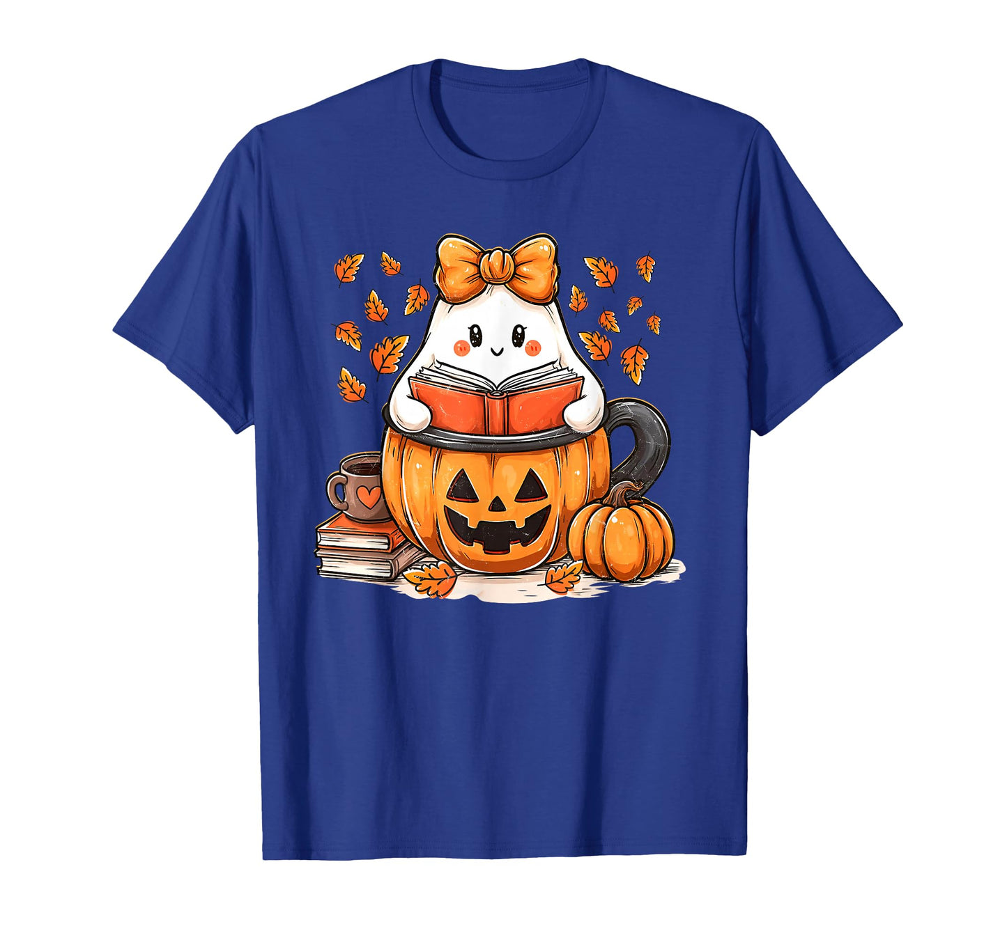 Ghost Reading Book Teacher Thanksgiving Autumn Fall Leaves T-Shirt
