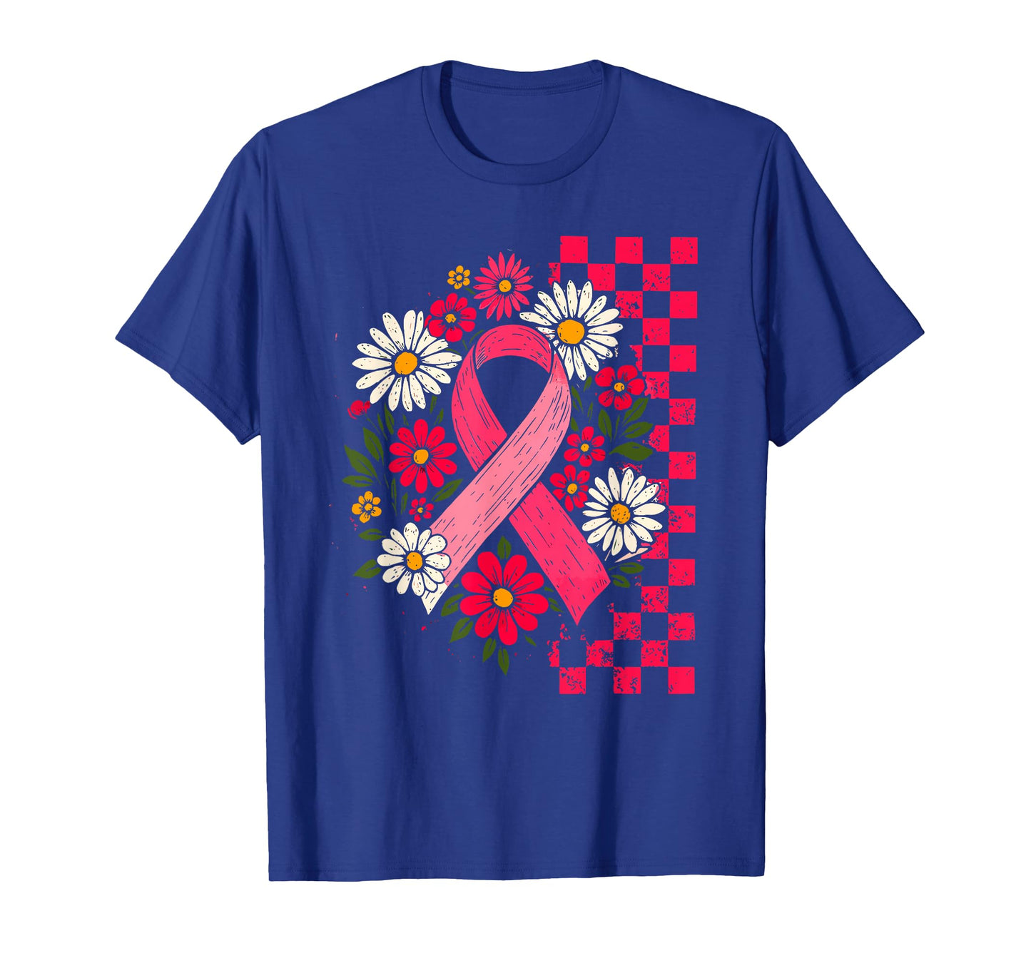Breast Cancer Awareness Pink Ribbon Flowers Checkerboard T-Shirt