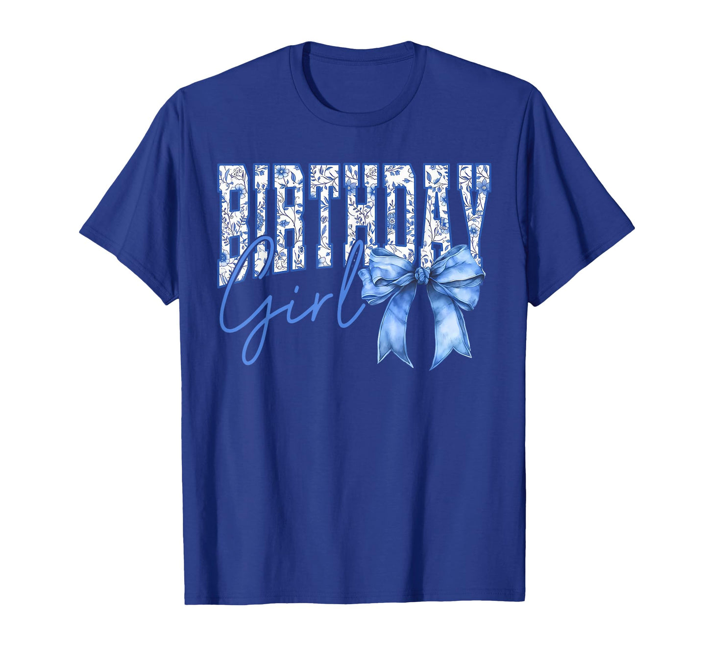 Birthday Girl Coquette Blue Toile Bow Girly Aesthetic Kids T-Shirt