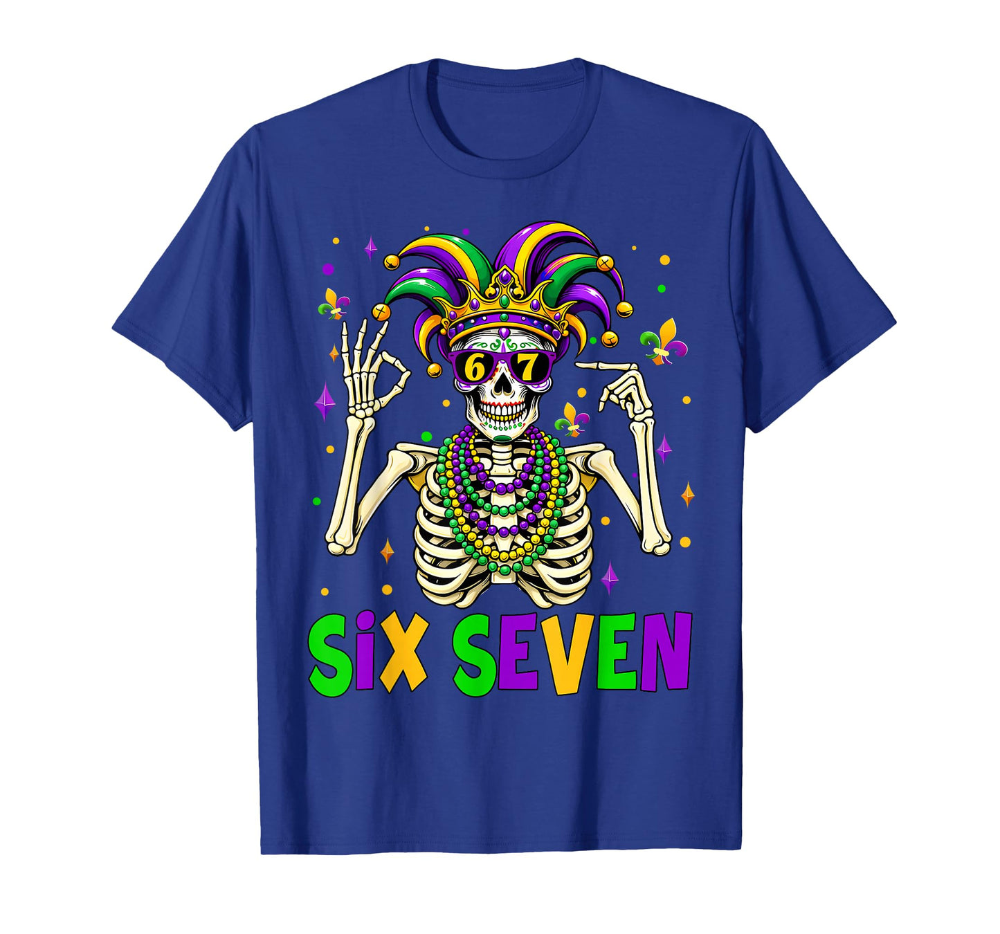 Funny 67 Mardi Gras Skeleton 6 7 Meme Mask Beads Six Seven T-Shirt