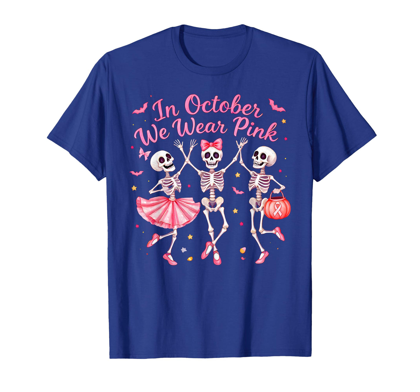 in October We Wear Pink Dancing Skeleton Breast Cancer T-Shirt