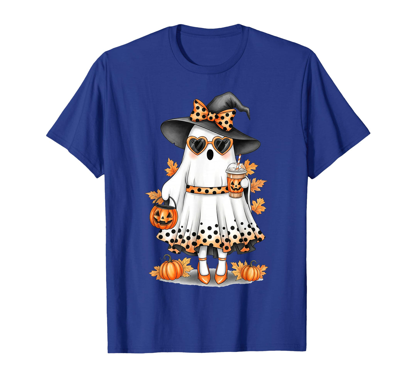 Spooky Cute Ghost Drinking Pumpkin Iced Coffee Halloween Bow T-Shirt