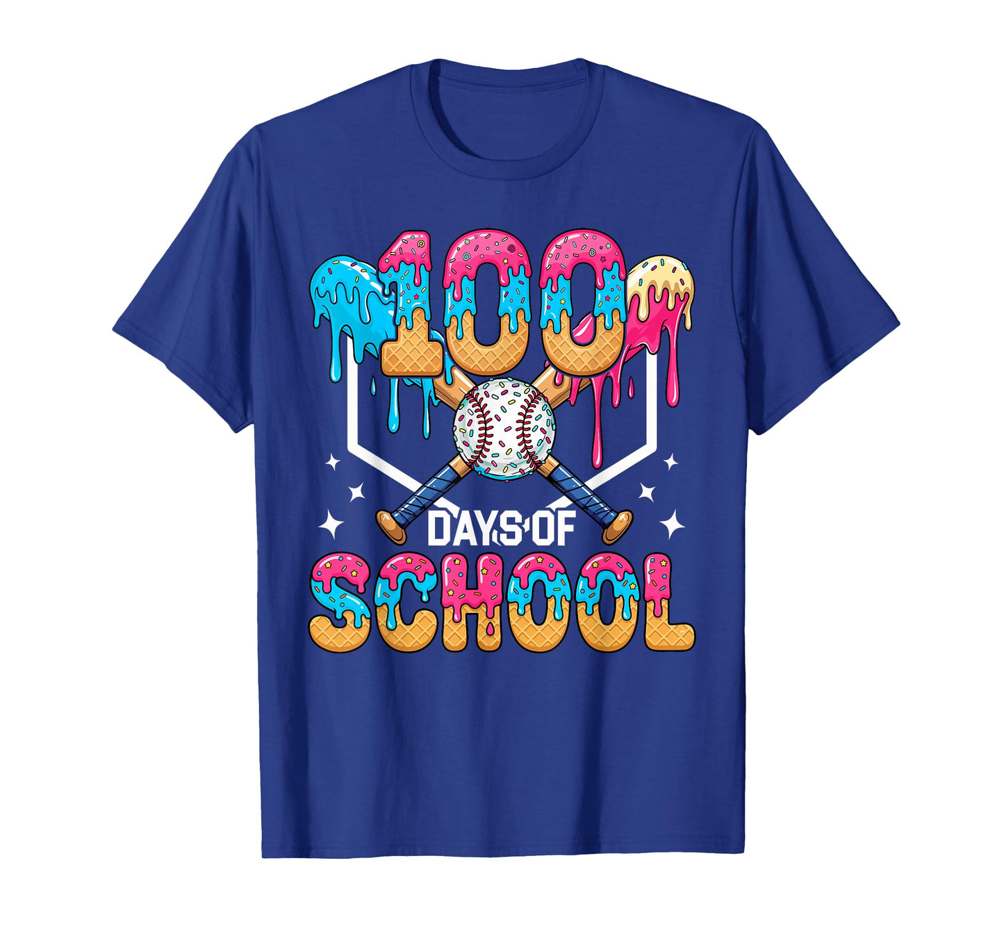 100 Days of School Baseball Boys Ice Cream Drip 100th Day T-Shirt