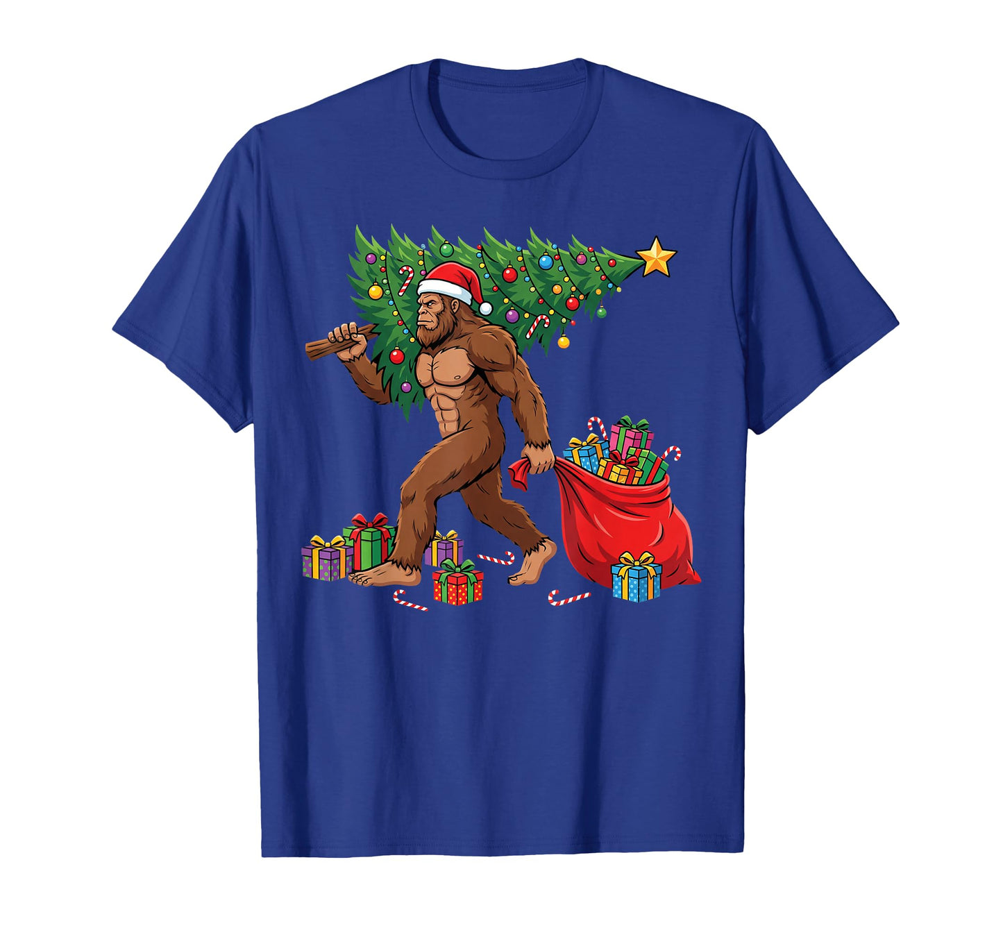 Bigfoot Christmas Tree Lights Xmas Boys Men Sasquatch T-Shirt