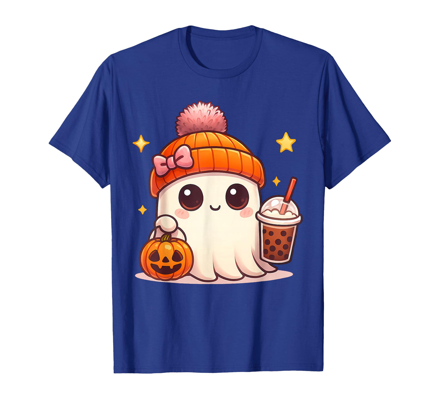 Kawaii Ghost Drinking Pumpkin Boba Tea Cute Ghost Halloween T-Shirt