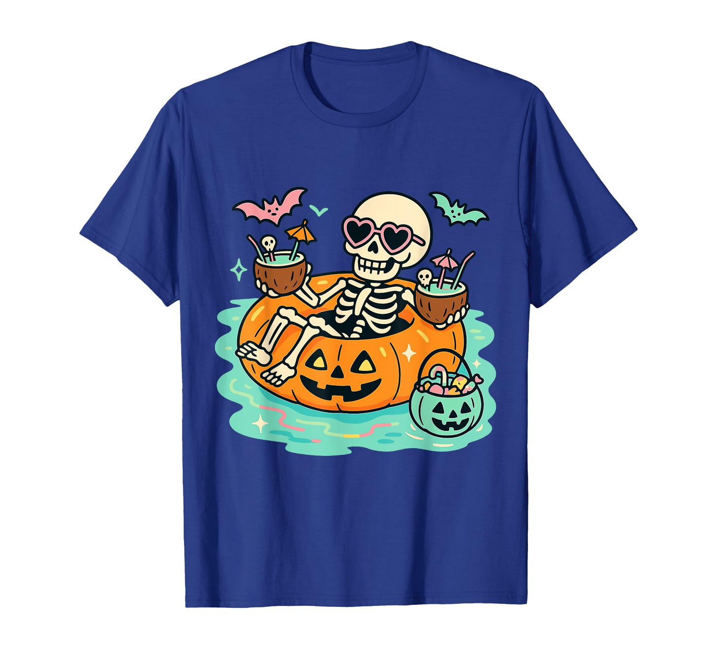 Summer Skeleton in Pumpkin Float Cute Spooky Pool Halloween T-Shirt