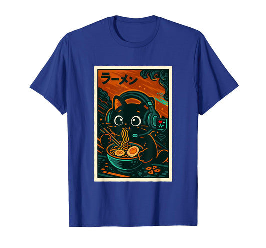 Retro Vintage Japanese Kawaii Slurping Ramen Cat Gamer T-Shirt