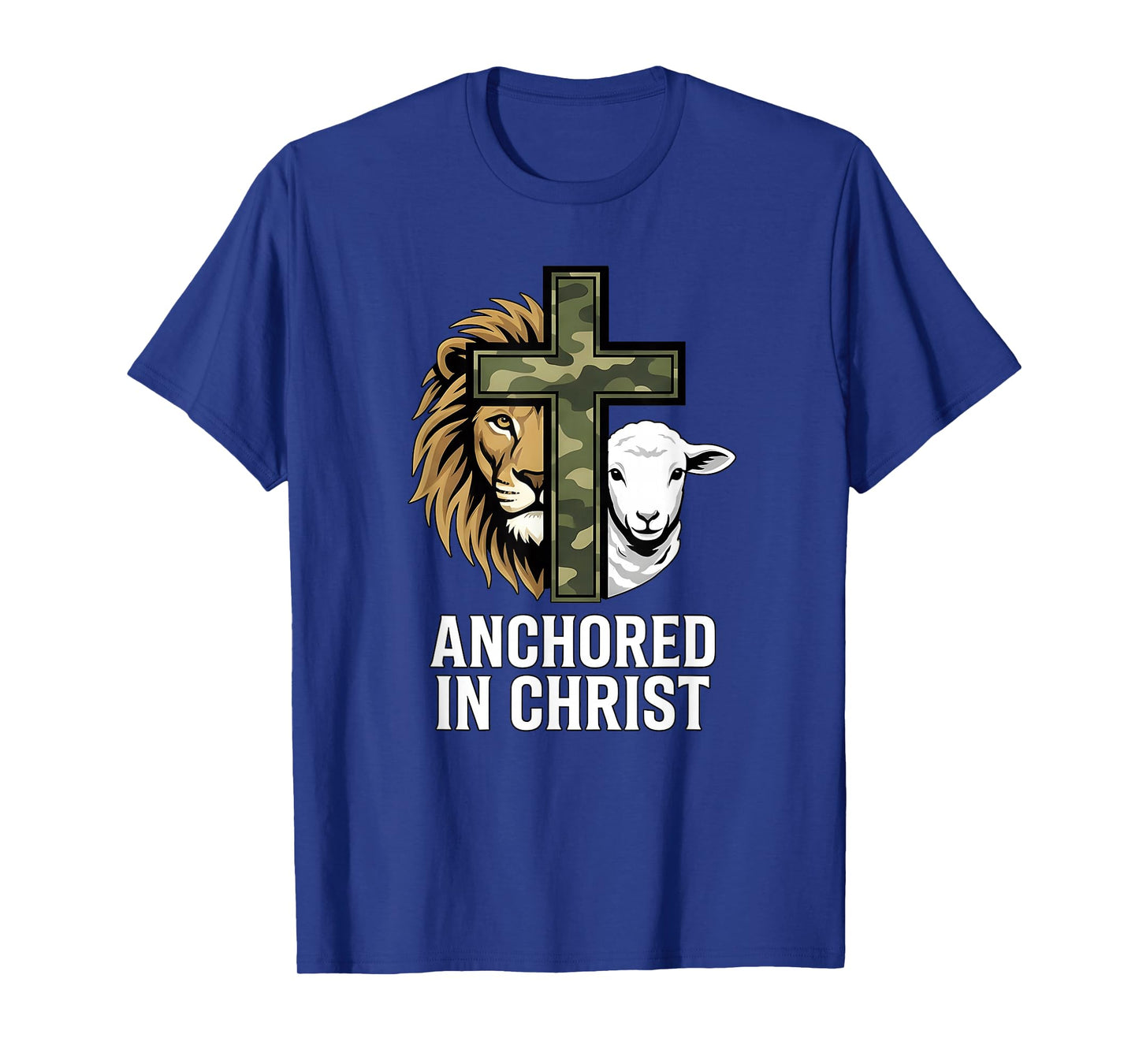 Christian Faith Anchored in Christ Camo Cross Lion Sheep T-Shirt