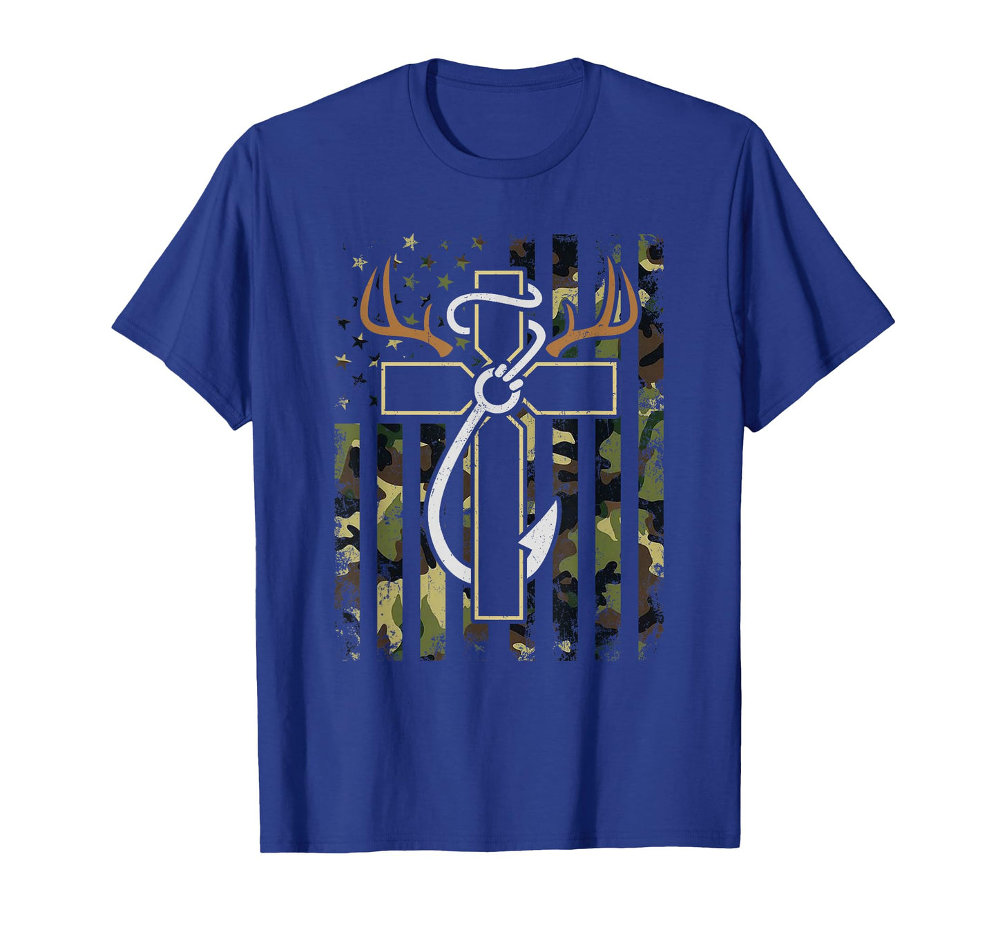 Hunting Fishing Faith Cross Deer Antlers Hook USA Flag Retro T-Shirt