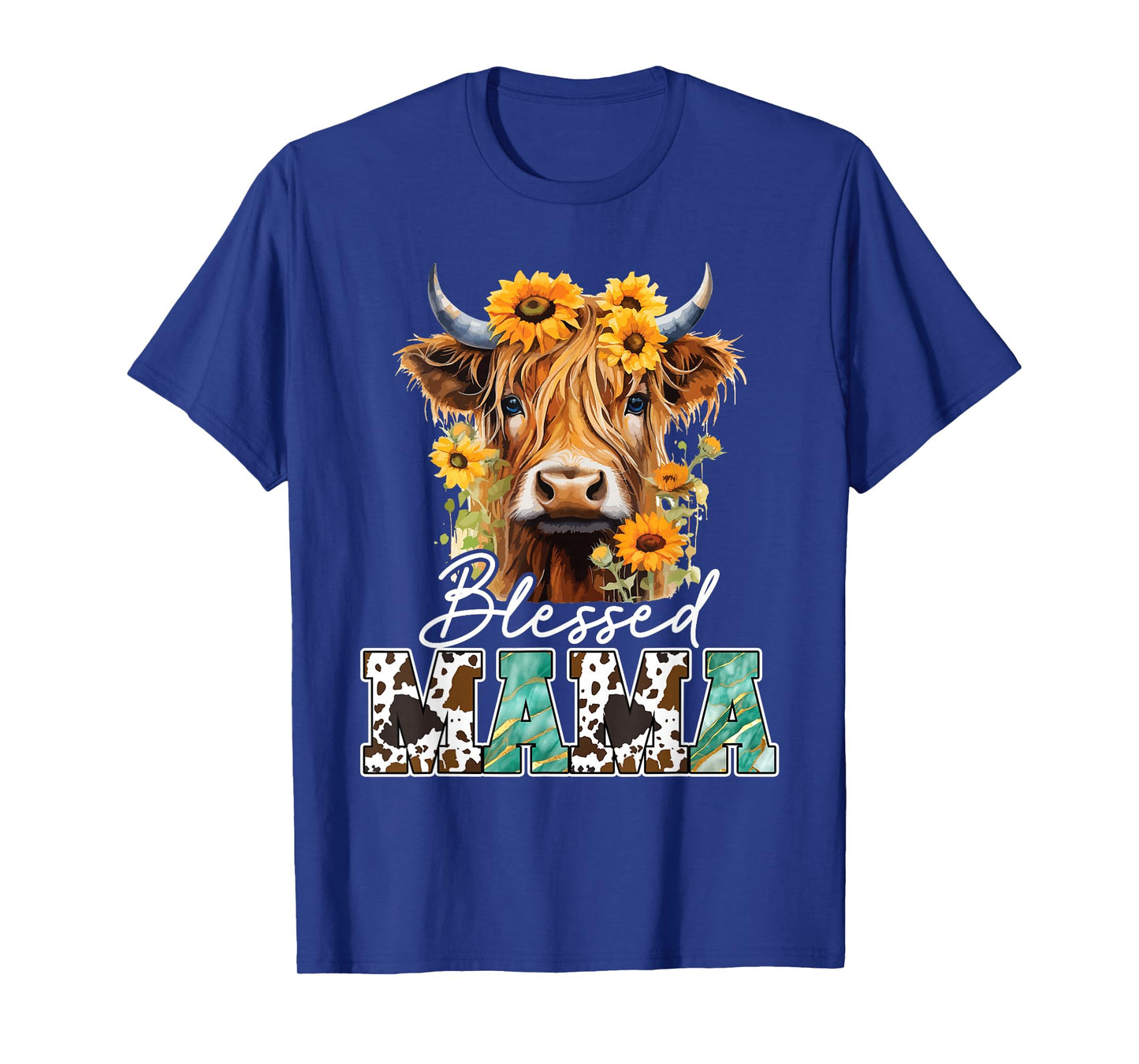 Blessed Mama Highland Cow Sunflowers Mothers Day Caring T-Shirt