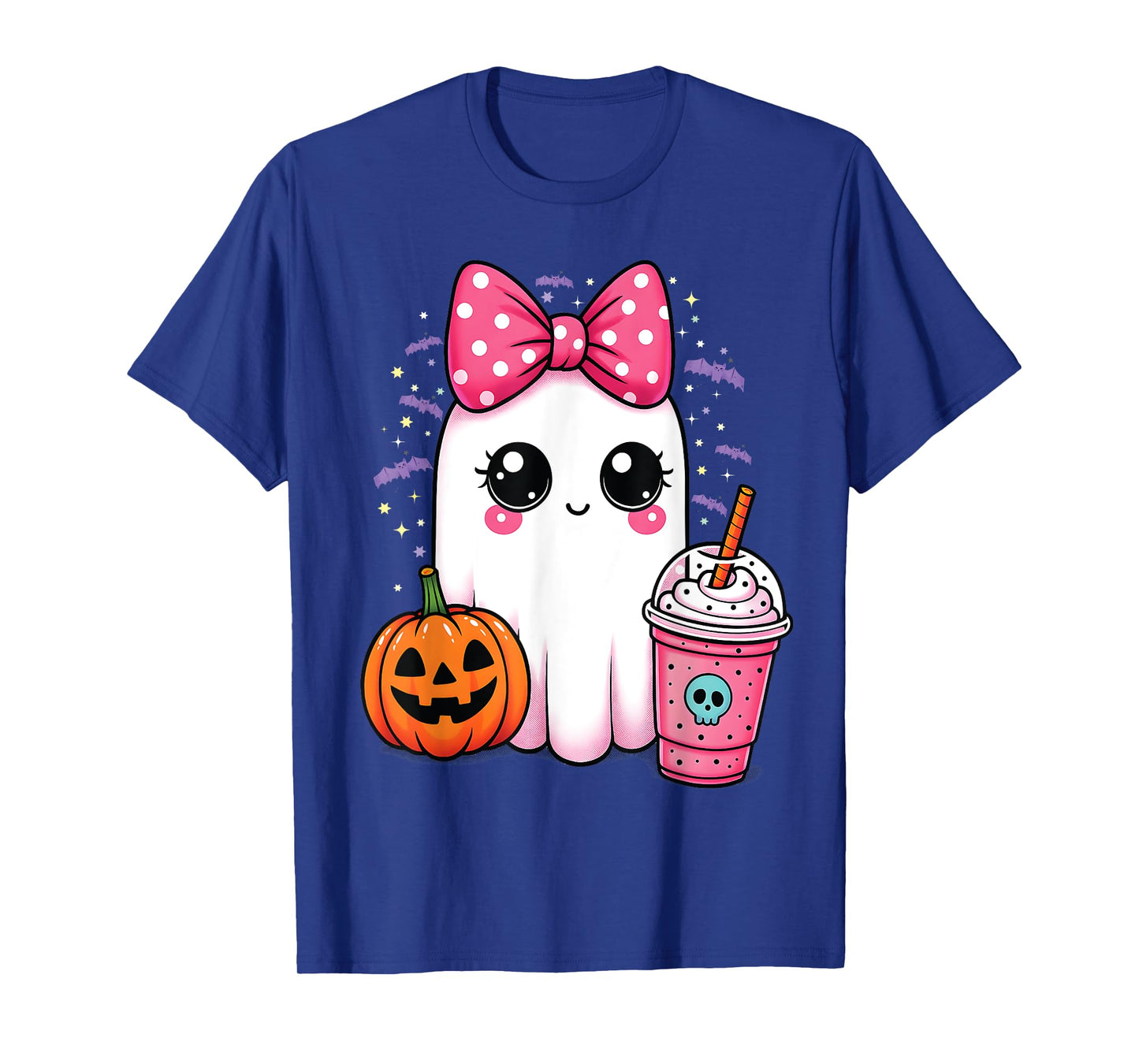 Spooky Cute Ghost Drinking Iced Coffee Pumpkin Bow Halloween T-Shirt