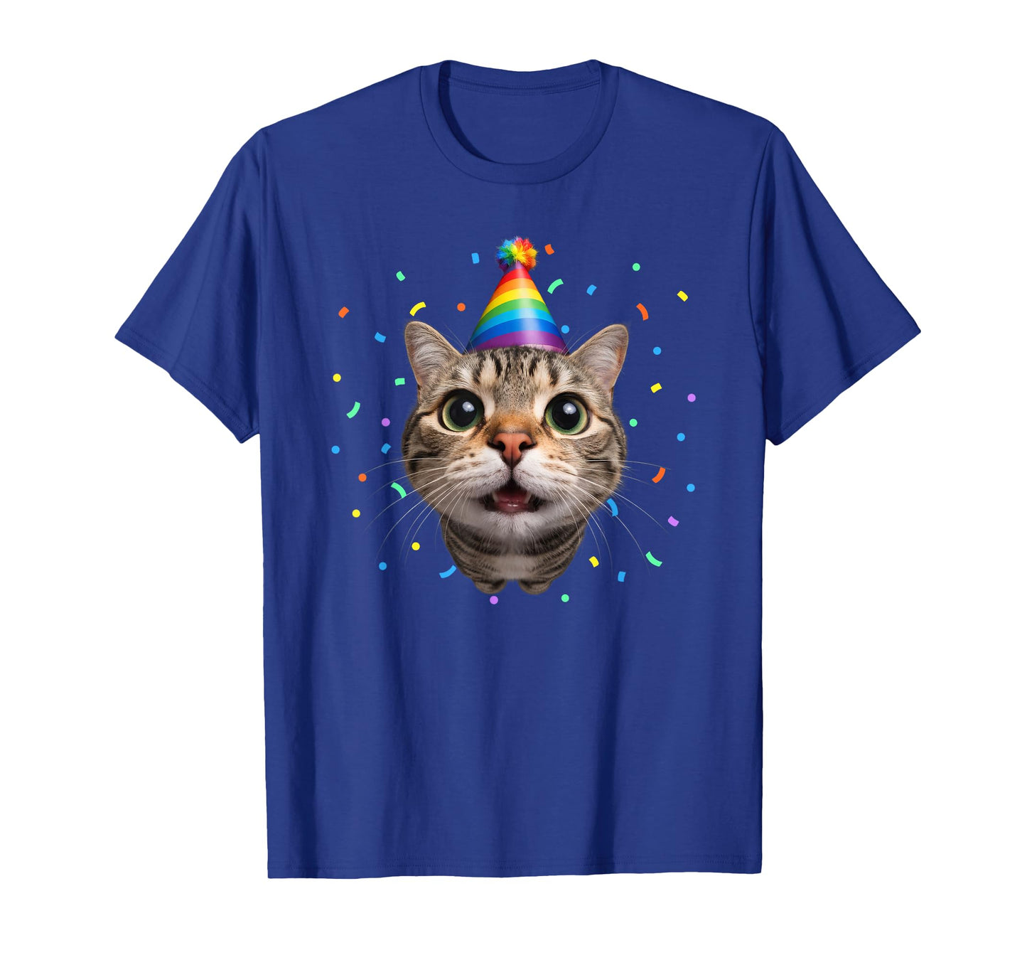 Funny Tabby Cat Face Rainbow Party Hat Cute Birthday Kitty T-Shirt