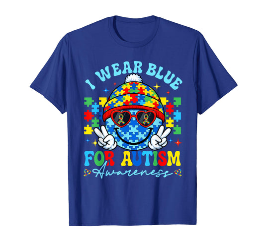 I Wear Blue Smile Face Autism Awareness Month Teacher Kid T-Shirt