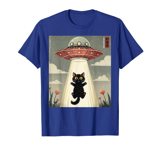 Cat UFO Abduction Graphic Tee Vintage Japanese Cat Alien T-Shirt