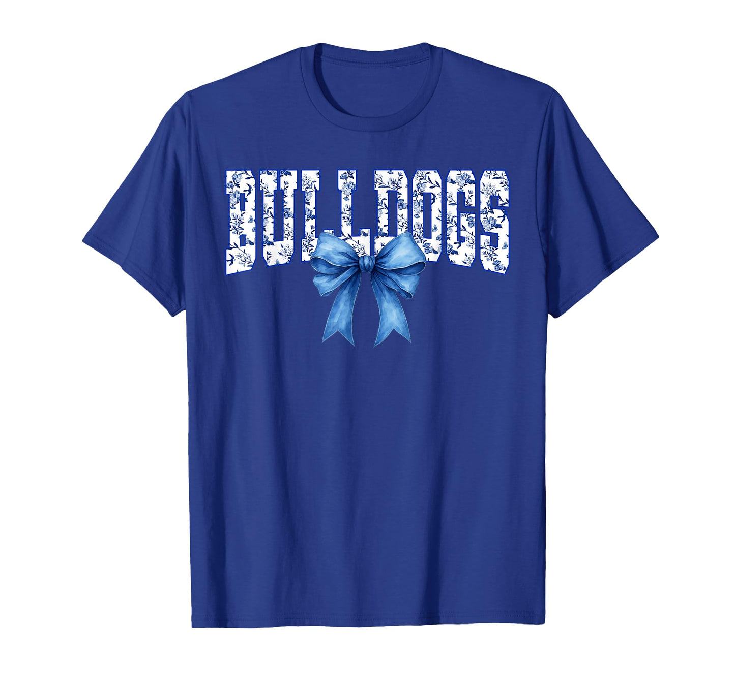 Bulldogs Floral Toile Royal Blue Watercolor Coquette Bow T-Shirt