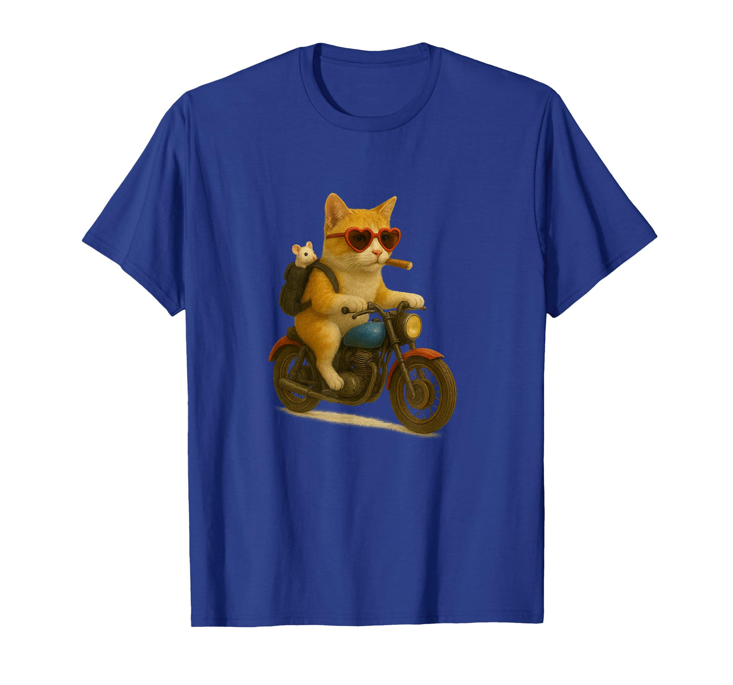 Funny Cat Biker with Mouse in Backpack Motorcycle Lover T-Shirt