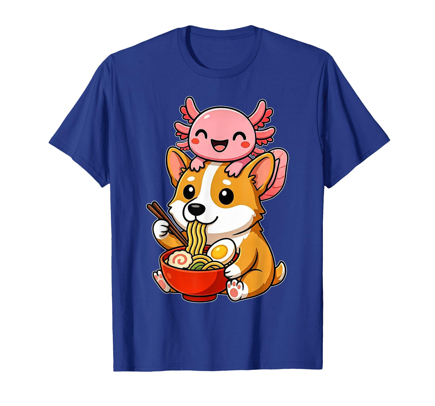 Funny Cute Axolotl and Corgi Dog Eating Ramen Anime Noodle T-Shirt
