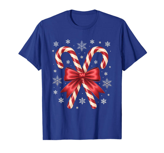 Candy Cane Christmas Season Girls Womens Retro Coquette Bow T-Shirt