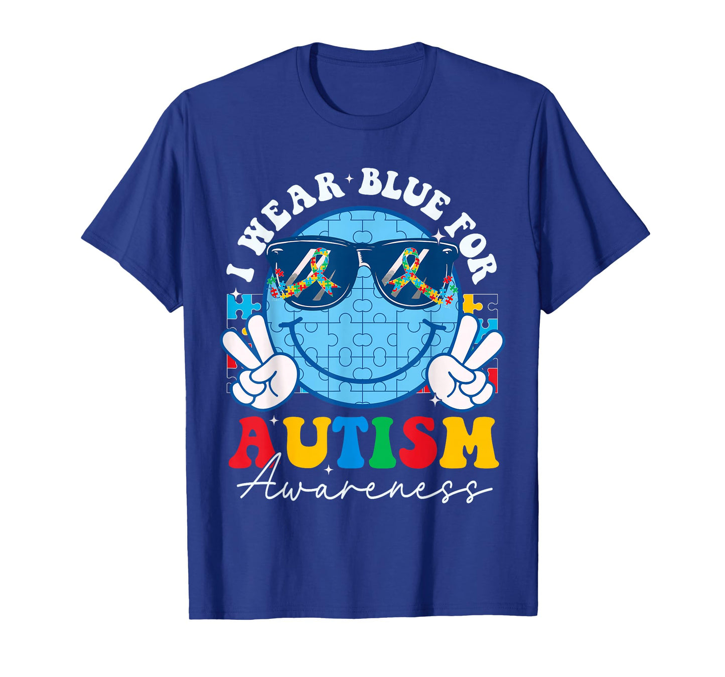 Autism Awareness Month I Wear Blue Teacher Kids Smile Face T-Shirt