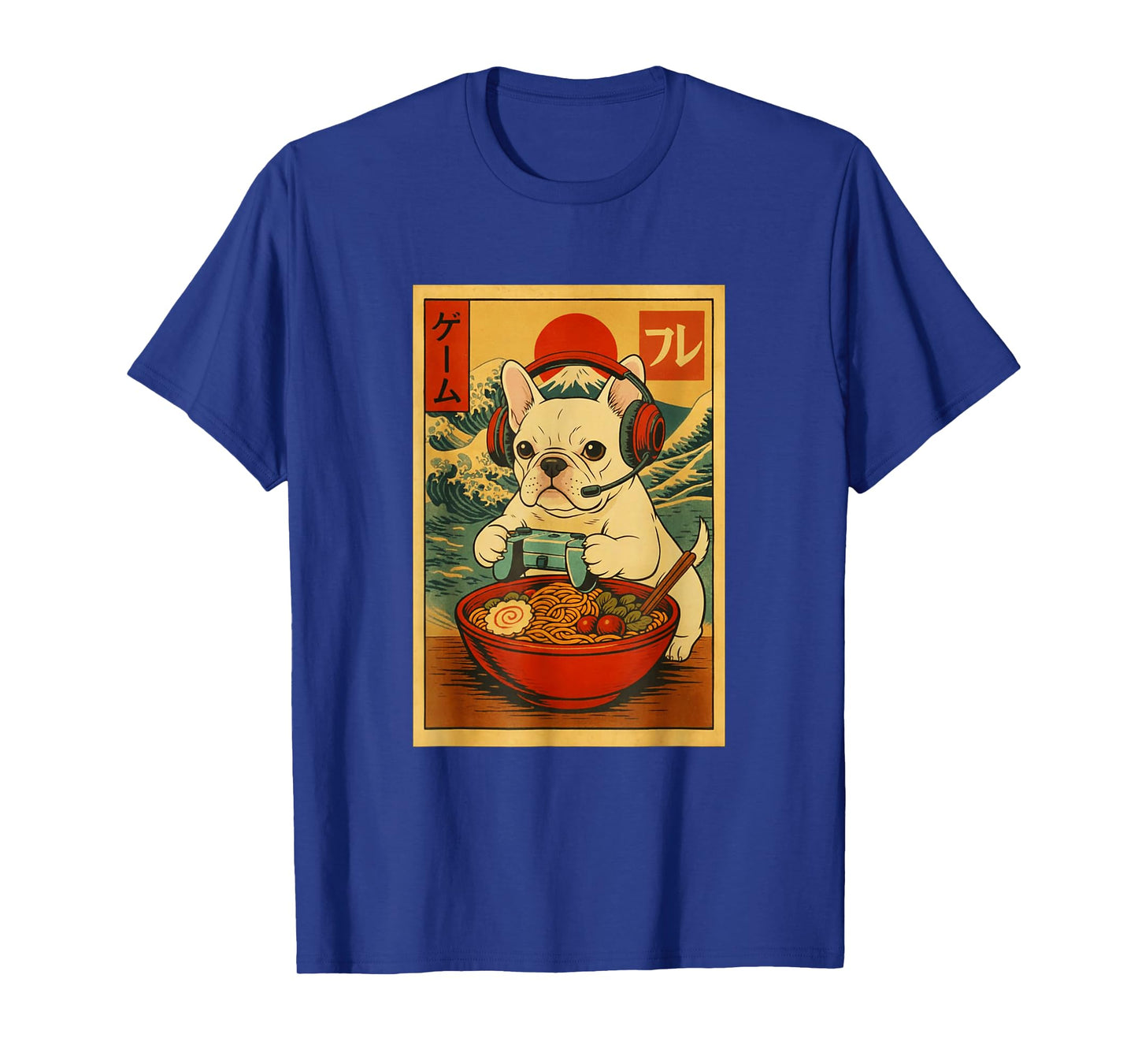 French Bulldog Dog Gaming Ramen Ukiyo-e Great Wave Retro Art T-Shirt