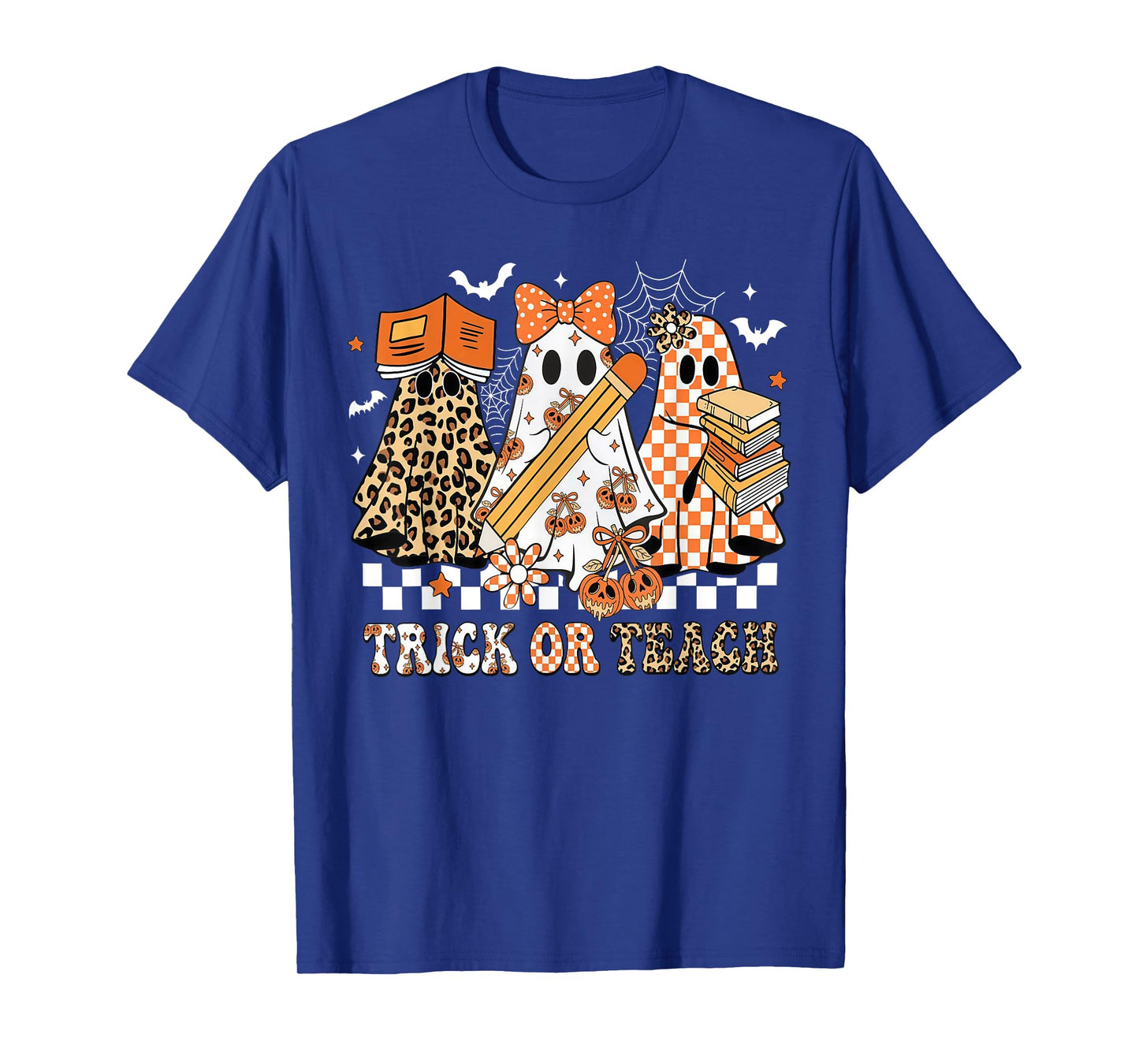 Trick Or Teach Groovy Teacher Halloween Floral Ghost T-Shirt