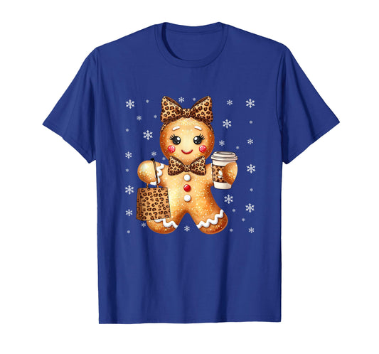Coquette Cute Gingerbread Leopard Bow Christmas Girls Women T-Shirt