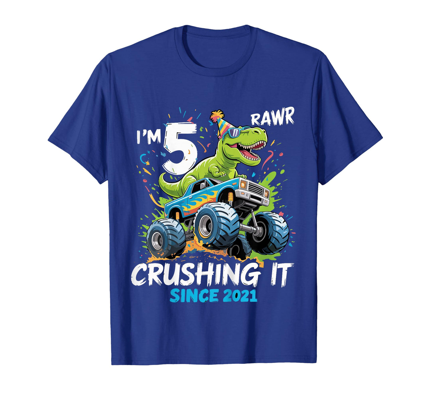Kids 5th Birthday Monster Truck Dinosaur 5 Year Old boy Born 2021 T-Shirt