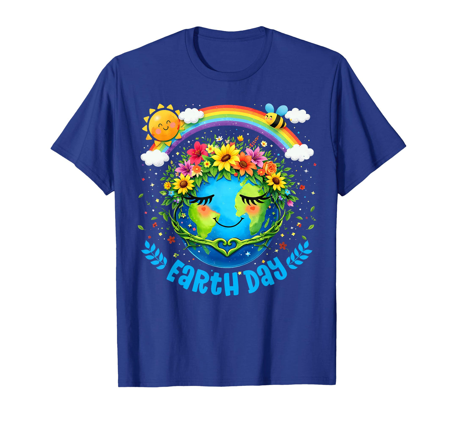 Happy Earth Day Cute Earth Floral Crown Rainbow Heart T-Shirt