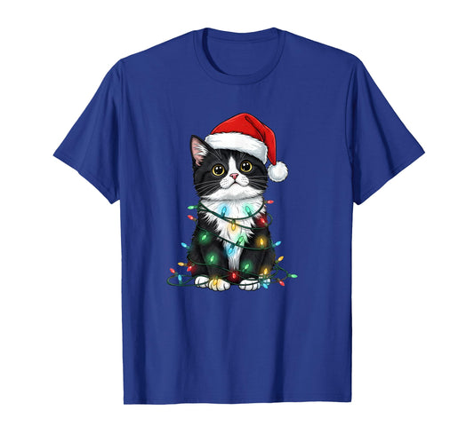 Tuxedo Cat Tree Christmas Lights Xmas Pajama Men Women T-Shirt