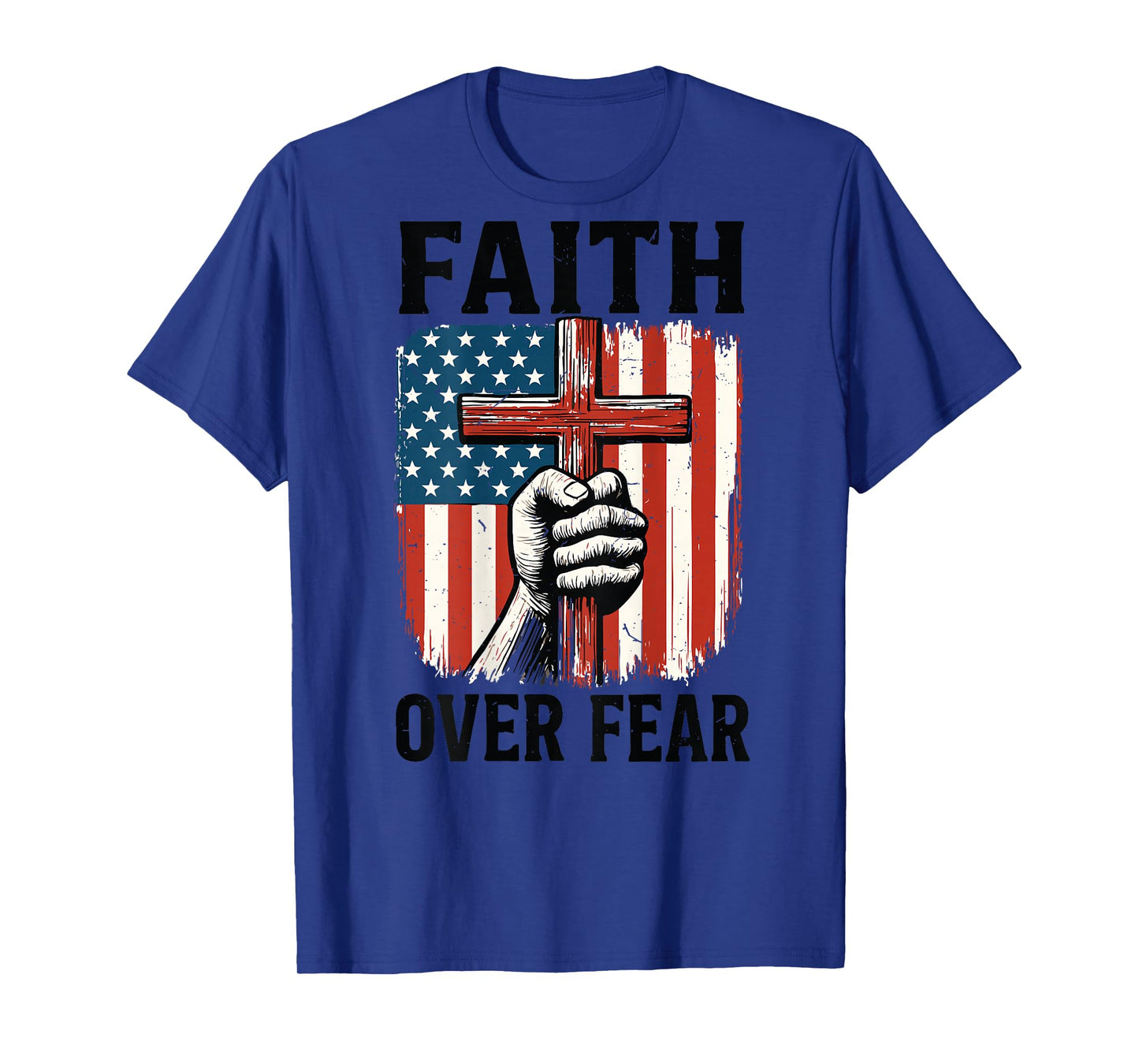 Mens Cross Patriotic Christian Faith Over Fear American Flag T-Shirt