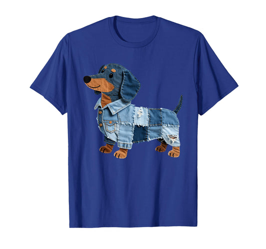 Denim Dachshund Dog Patchwork Puppy Vintage Art T-Shirt